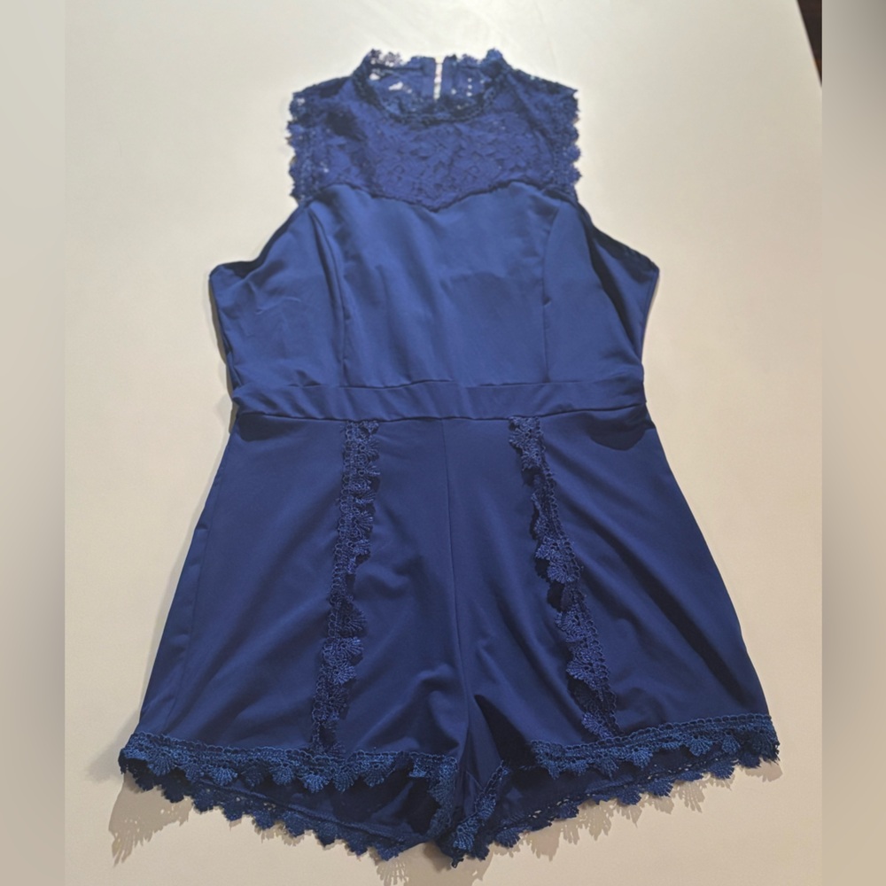 Elegant Lace Trimmed Blue Romper